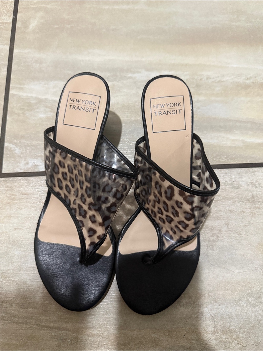New York Transit Black Footbed Leopard-Print Clear Strap Mules